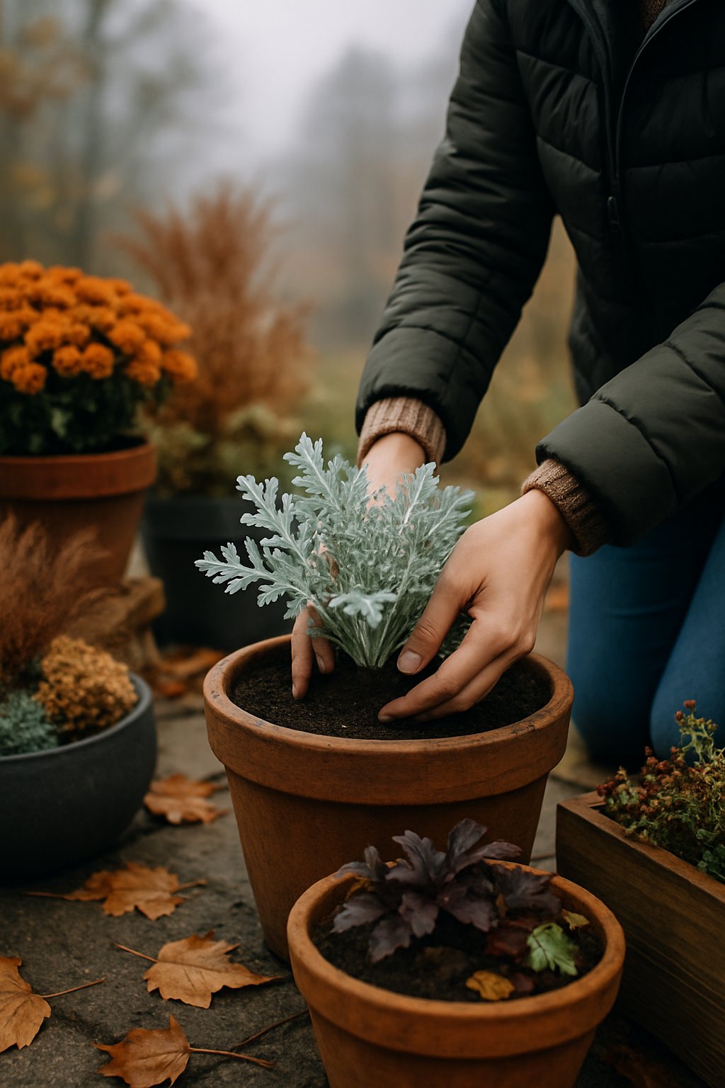Hands planting silver-green dusty miller plants in outdoor fall planters on a misty autumn day.