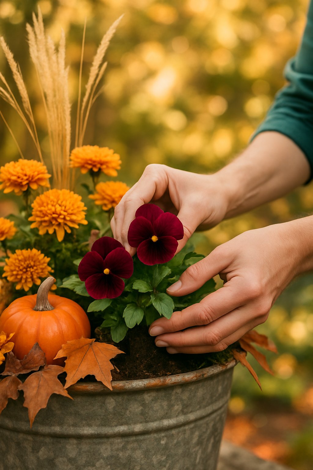 Hands planting deep burgundy pansies into a fall-themed outdoor planter with chrysanthemums, pumpkins, and dried leaves.