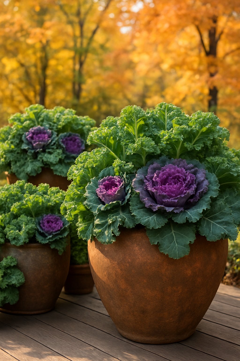 Oversized pots filled with layered kale and cabbage arranged outdoors in a fall garden setting.
