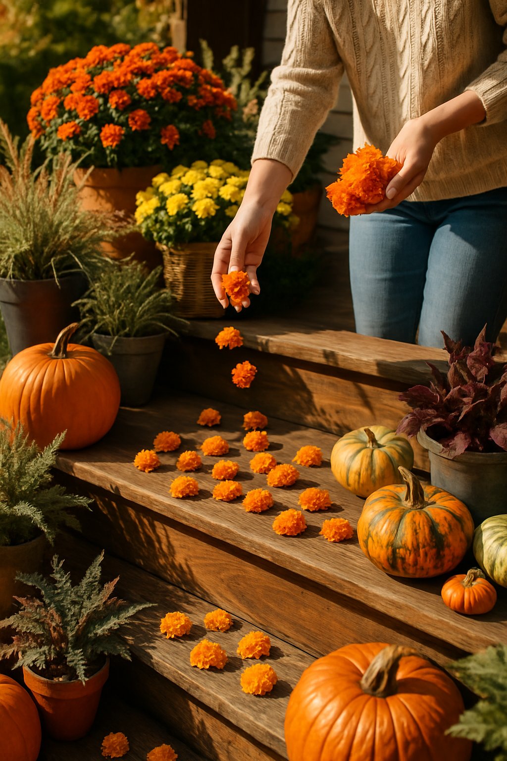Person sprinkling orange marigold flowers onto wooden porch steps decorated with fall planters and pumpkins.