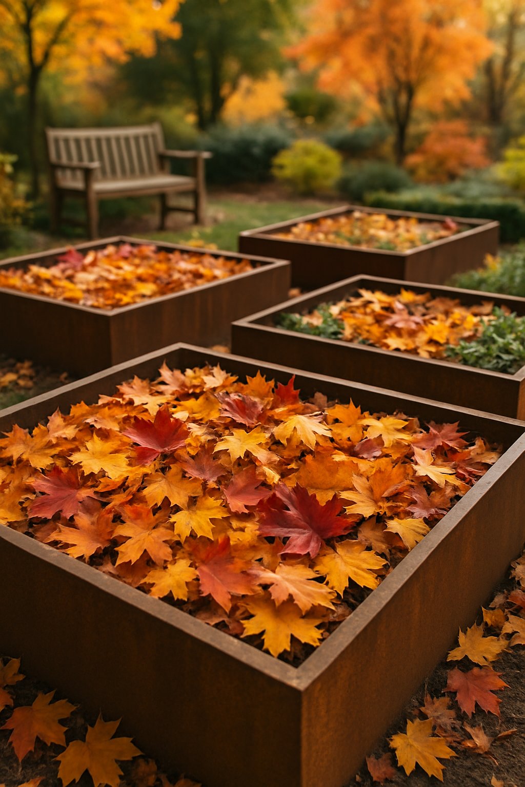 Outdoor planter beds filled with colorful autumn leaves in a garden setting.