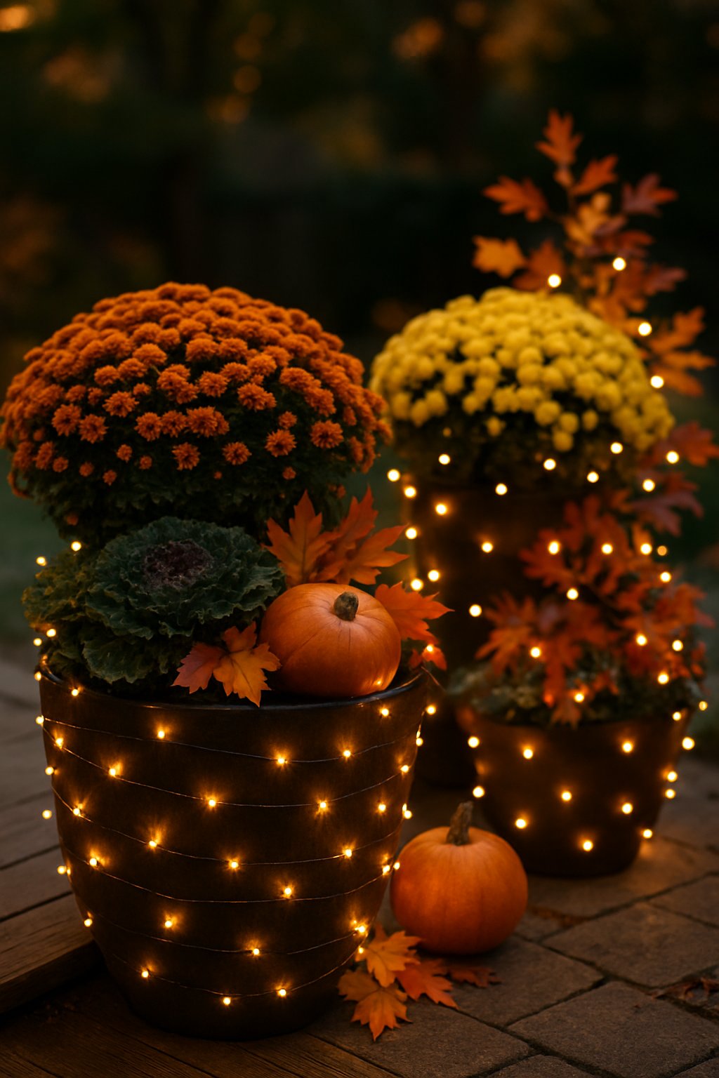Outdoor fall planters decorated with glowing fairy lights in the evening.
