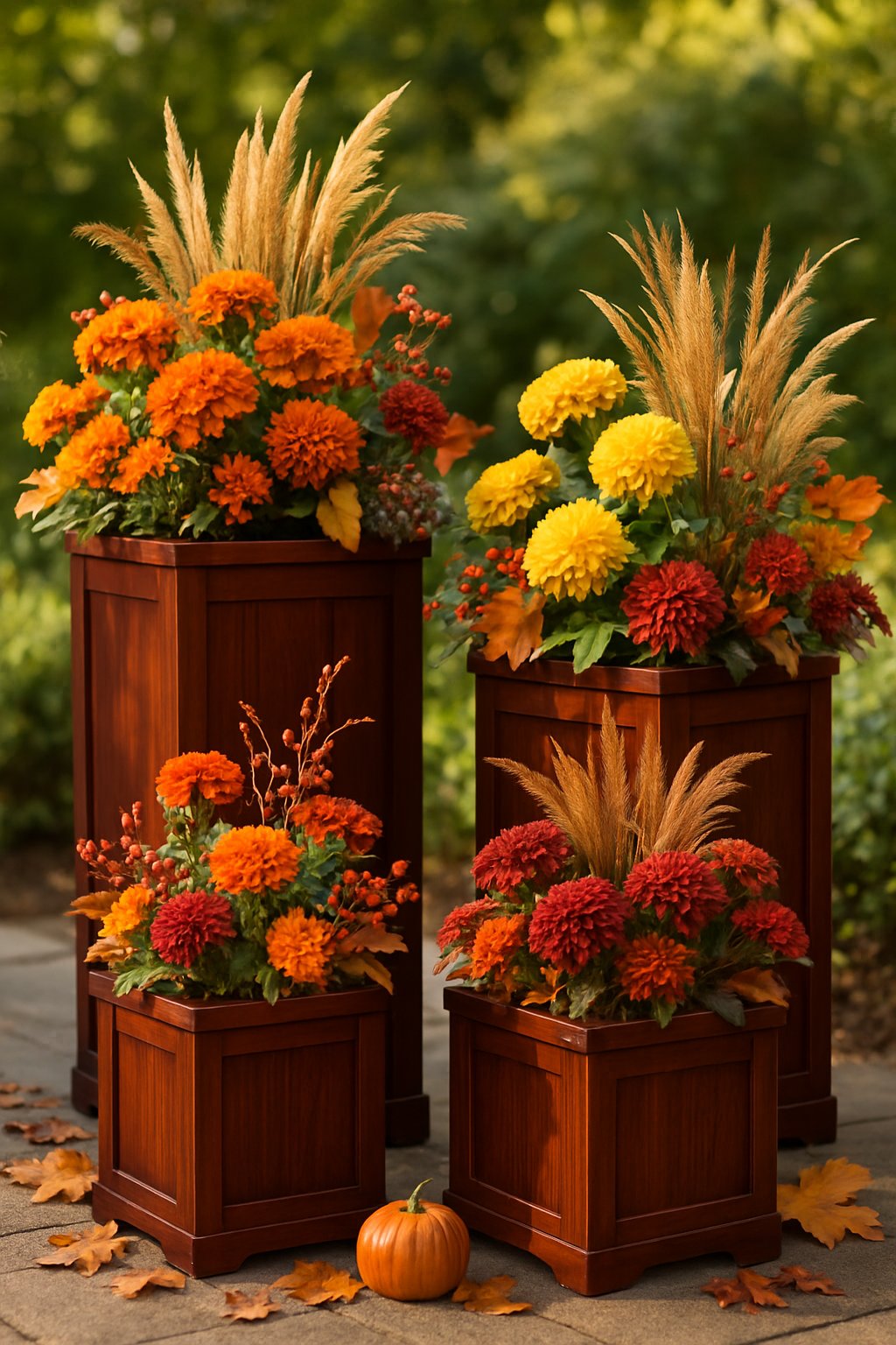 Outdoor scene with several mahogany wood pots filled with colorful fall flowers and autumn decorations.