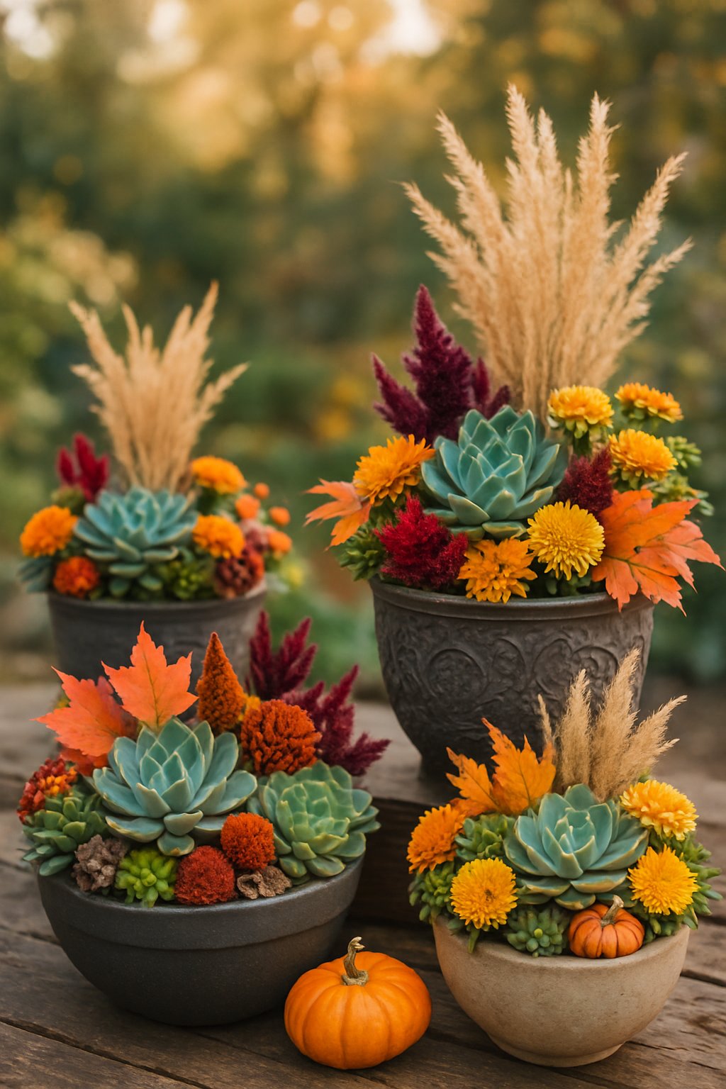 Outdoor display of fall planters filled with succulents, pumpkins, autumn leaves, and seasonal flowers arranged on a wooden surface.