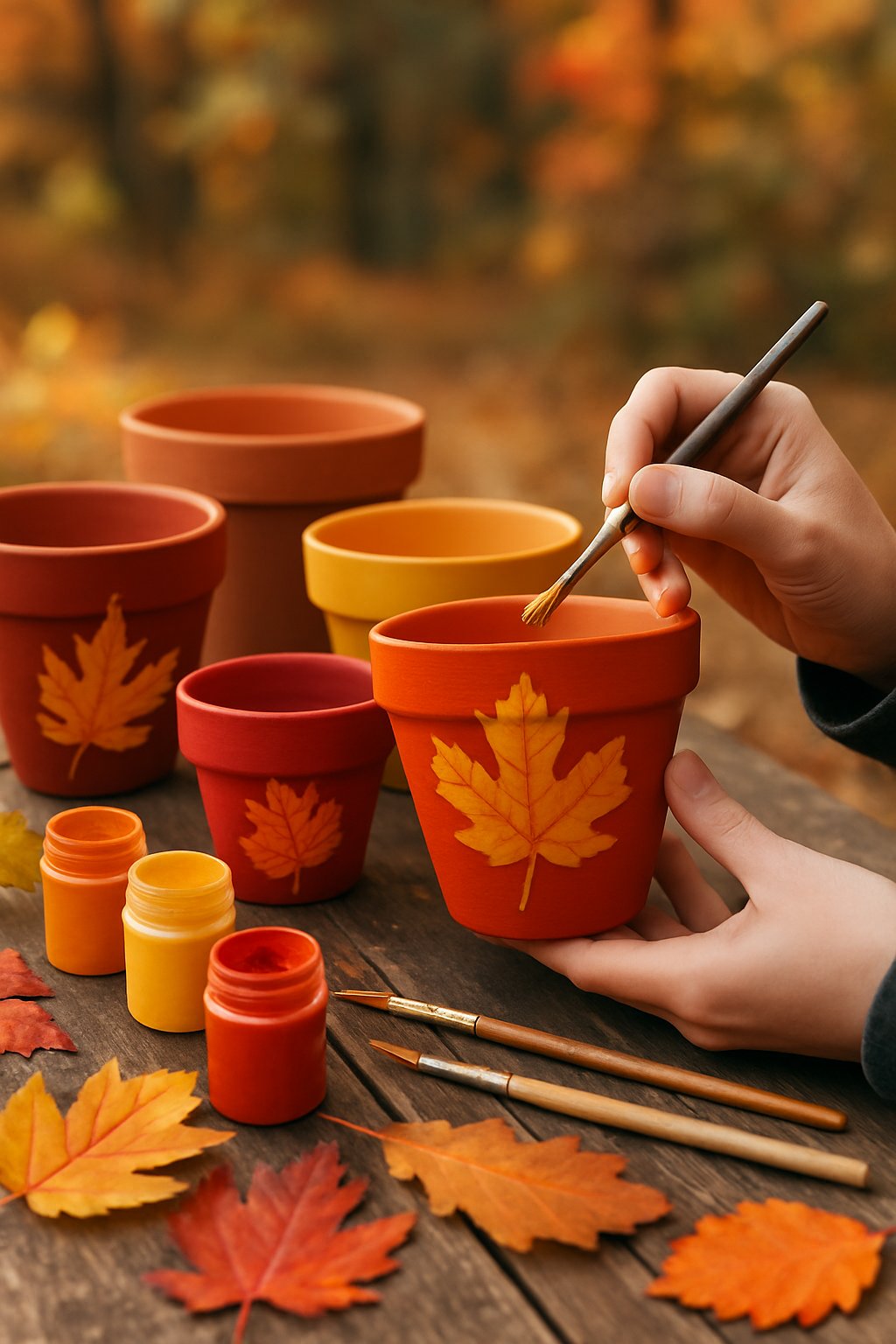 Hands painting terra cotta pots with autumn leaf designs outdoors surrounded by fall leaves and paint supplies.
