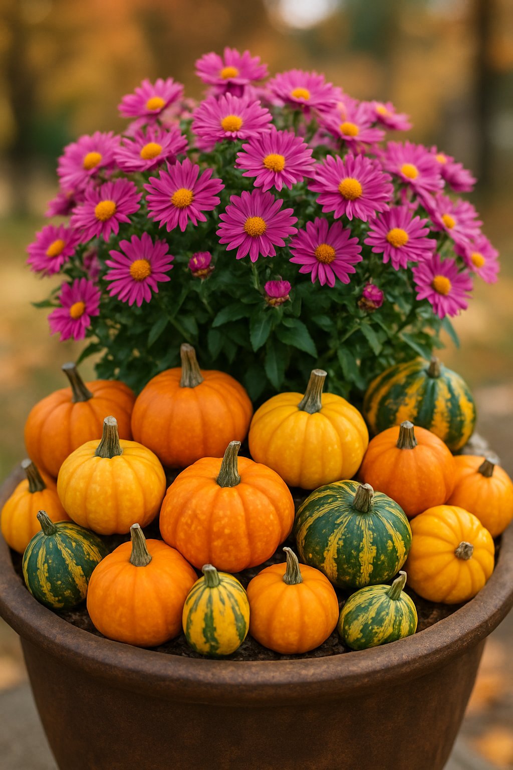 An outdoor planter filled with small colorful gourds and bright pink aster flowers in a fall setting.