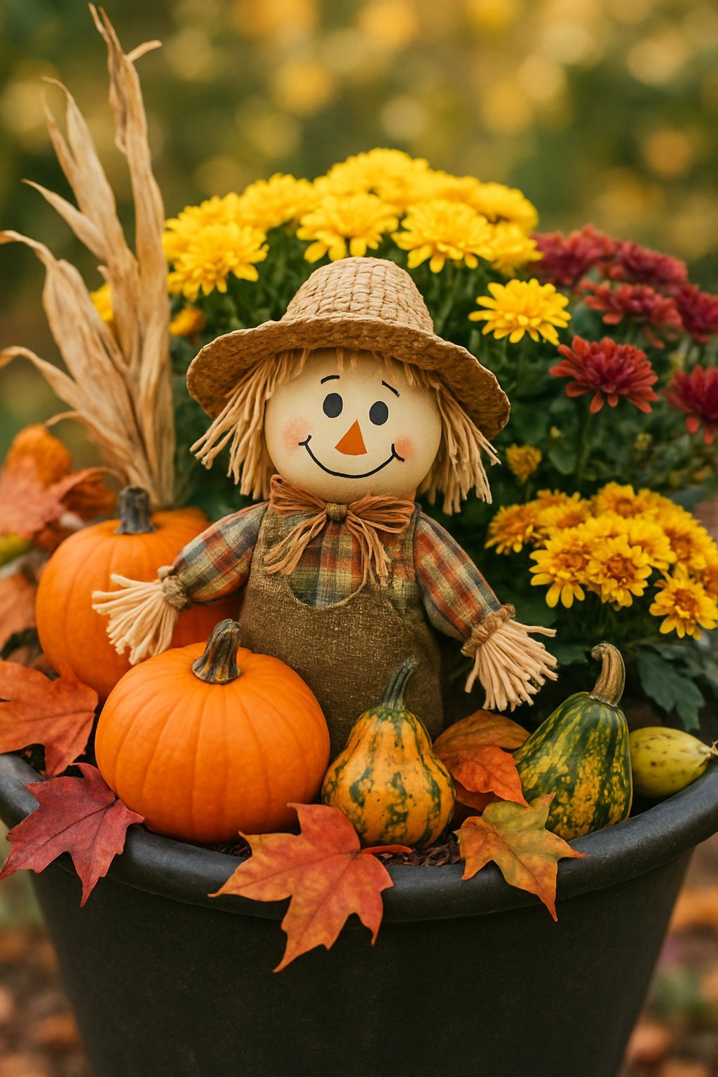 A mini scarecrow peeking out of a fall planter filled with pumpkins, chrysanthemums, corn stalks, and colorful autumn leaves.