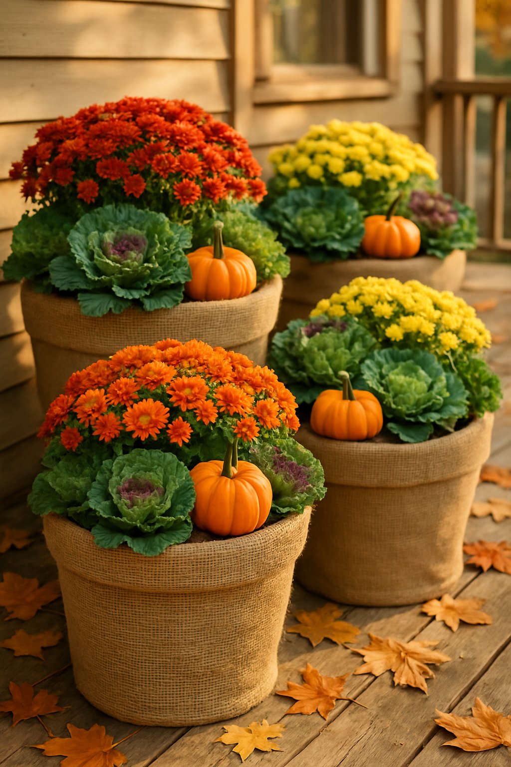 Outdoor planters lined with burlap fabric filled with fall plants and pumpkins on a wooden porch.