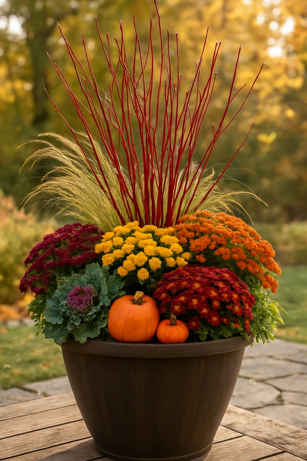 Outdoor fall planter arrangement with red twig dogwood branches, autumn plants, and pumpkins on a wooden deck.