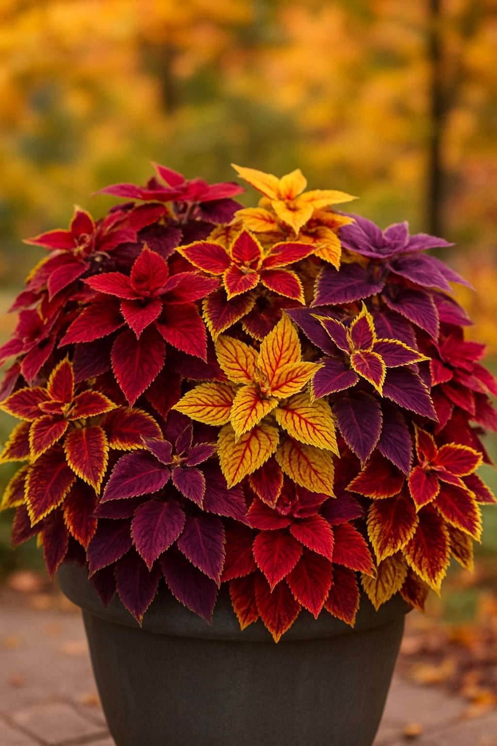 A colorful outdoor planter filled with red, yellow, and purple coleus plants clustered together.
