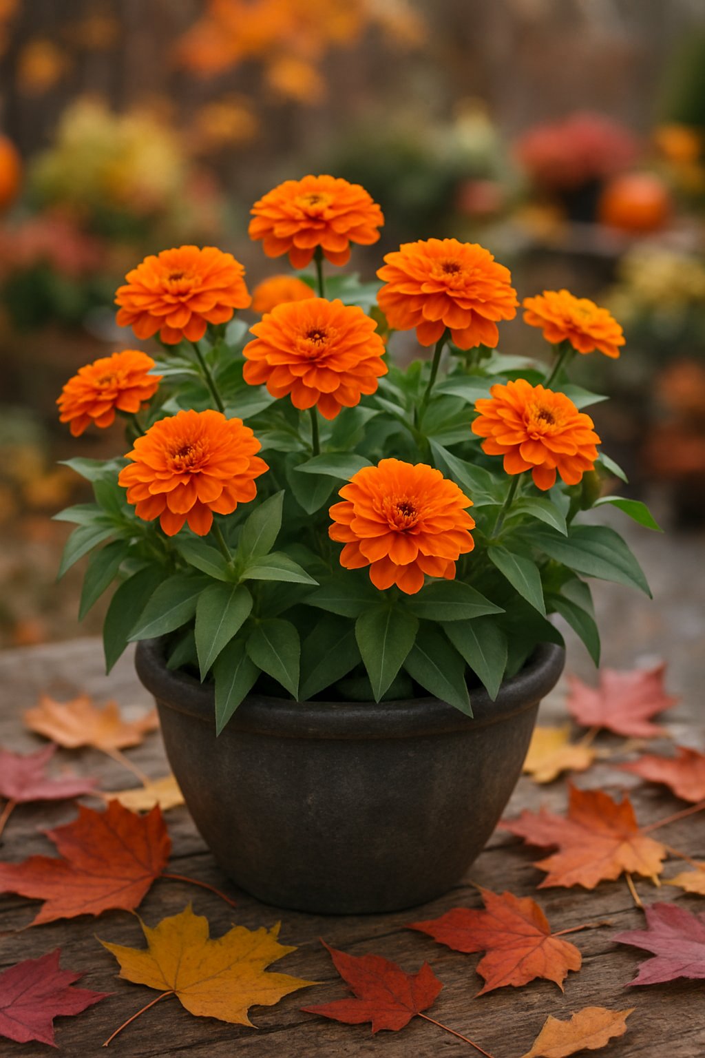 Outdoor planter with bright orange zinnia flowers surrounded by autumn leaves on a wooden surface.