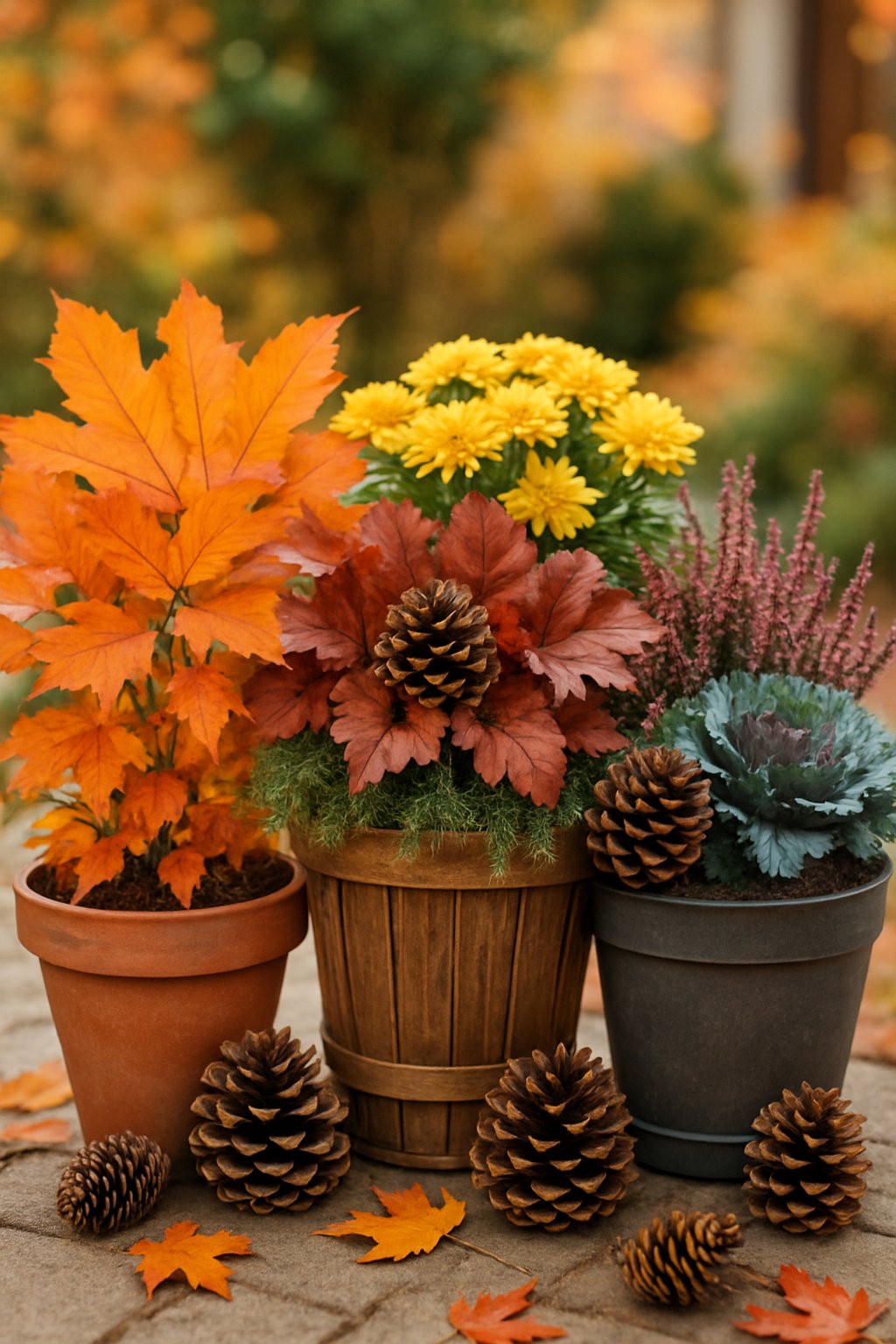 Outdoor fall garden with planters surrounded by pinecones and colorful autumn plants.