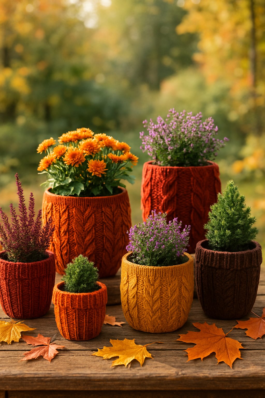 Outdoor fall garden scene with planters wrapped in colorful knitted sleeves on a wooden surface surrounded by autumn leaves.