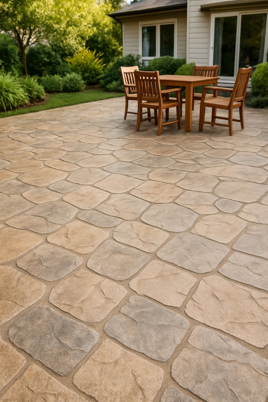 Outdoor patio with stamped concrete featuring a random stone pattern surrounded by plants and outdoor furniture.