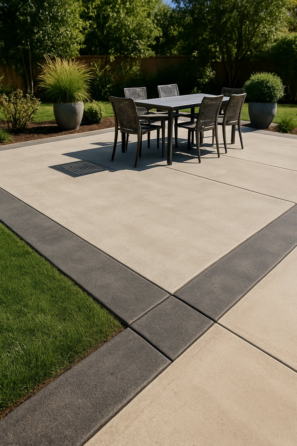 Outdoor patio with a two-tone concrete border surrounded by grass and outdoor furniture.