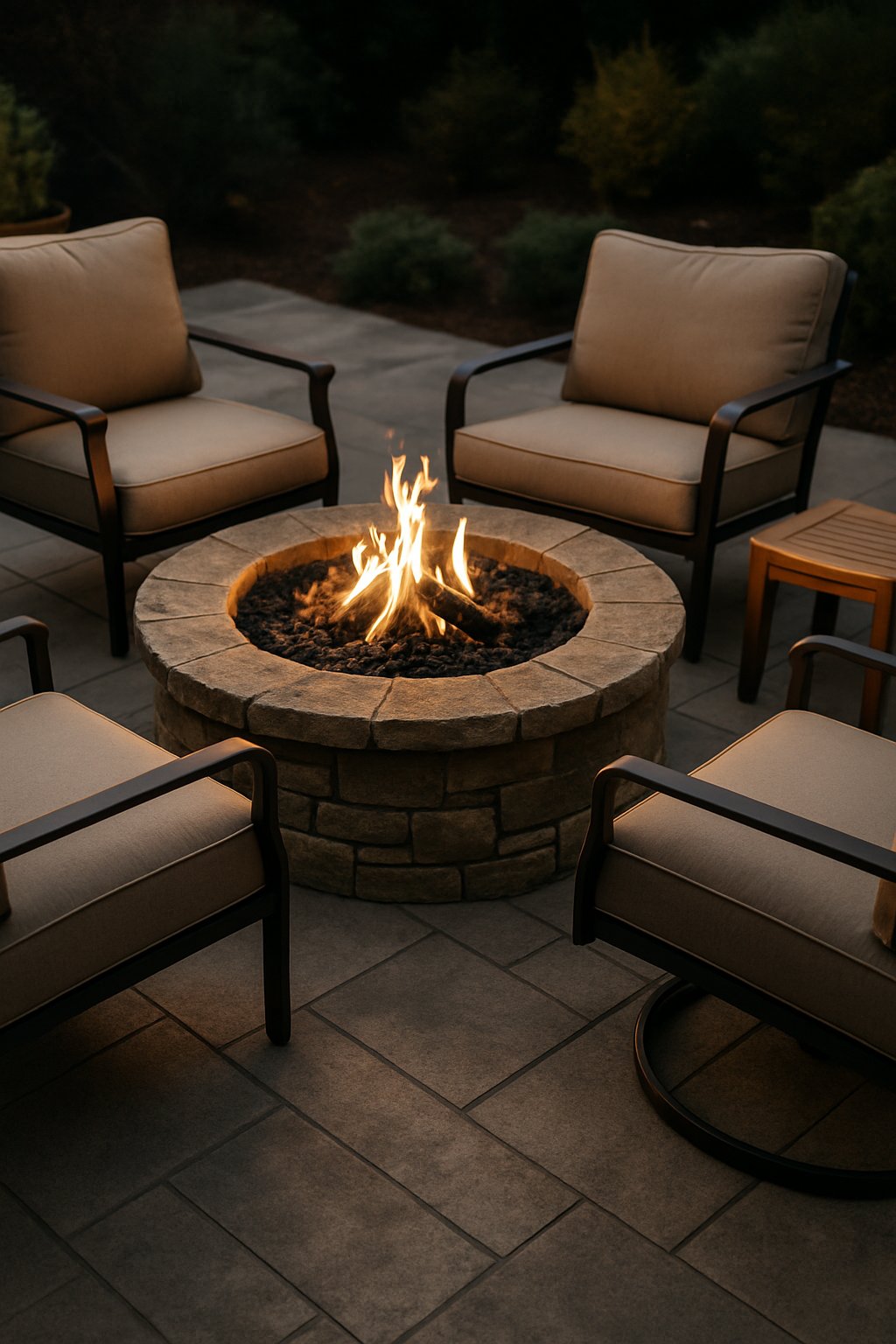 A fire pit on a stone patio with chairs and plants around it.
