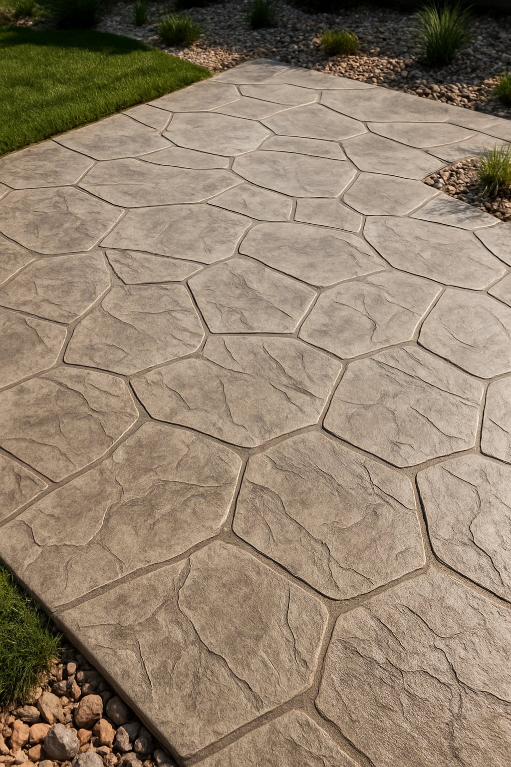 A concrete patio with a detailed flagstone stamped texture surrounded by grass and plants.