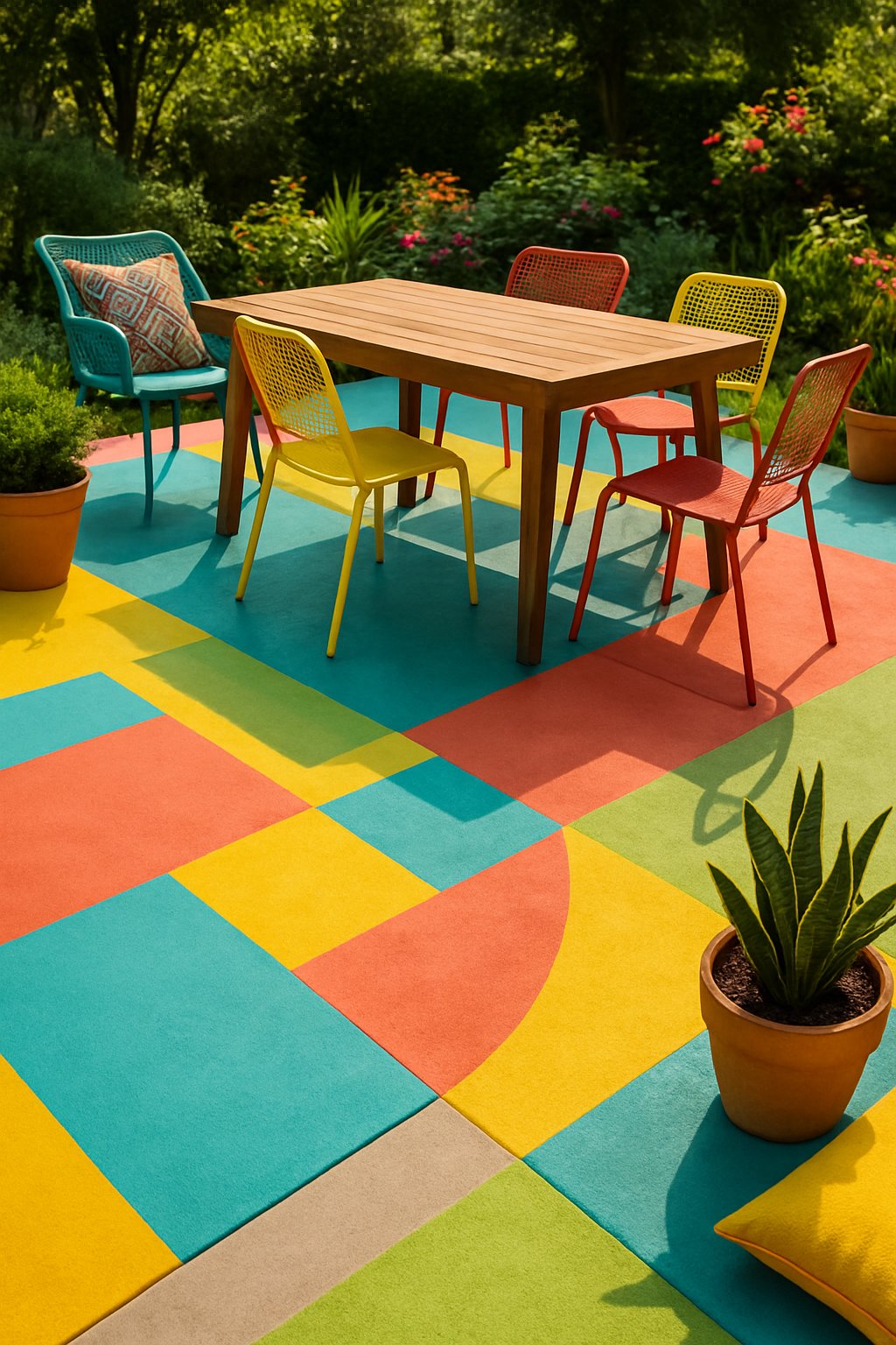 Outdoor concrete patio with brightly painted colorful floors and modern furniture surrounded by plants.