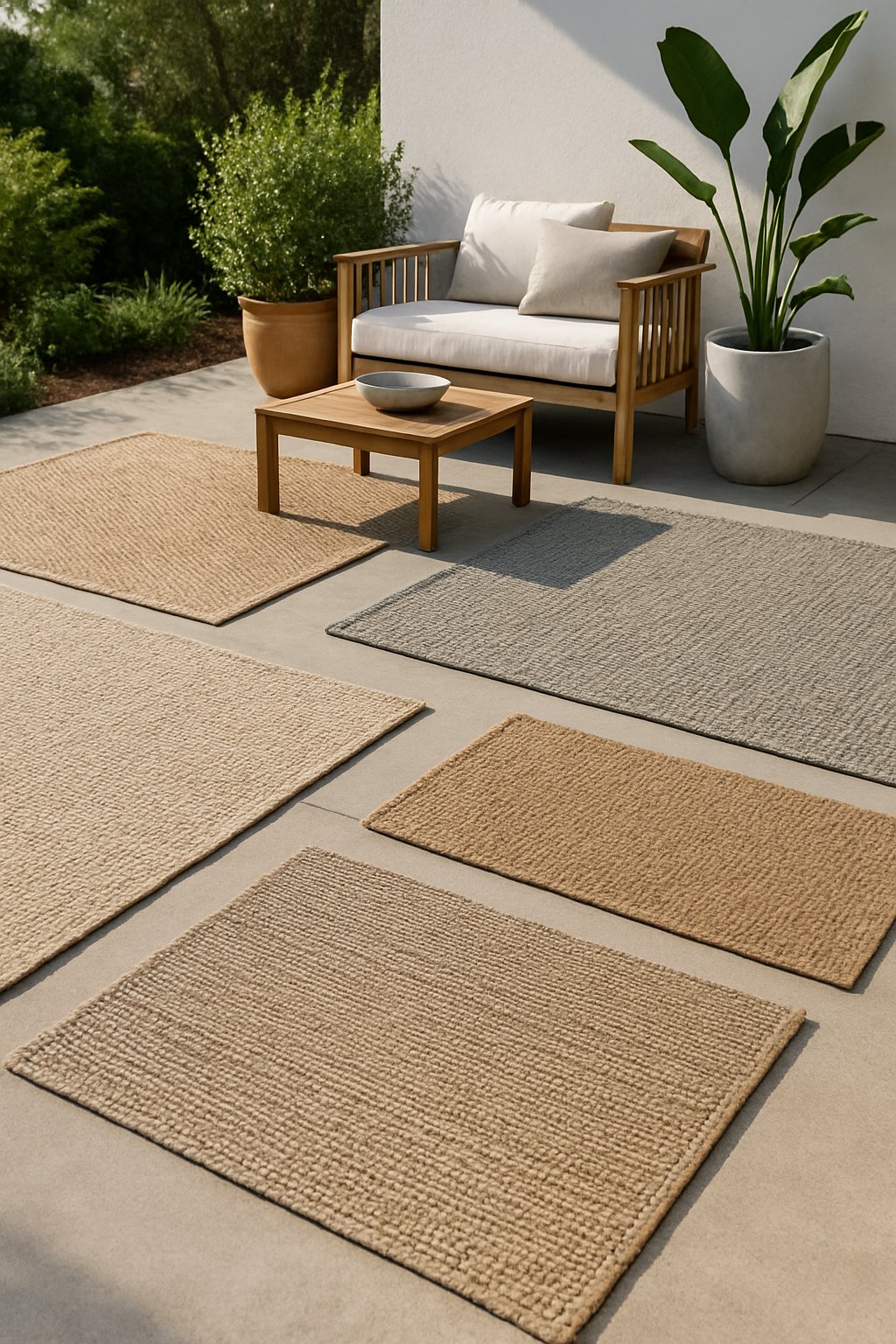 Outdoor concrete patio with woven rugs and outdoor furniture surrounded by plants.