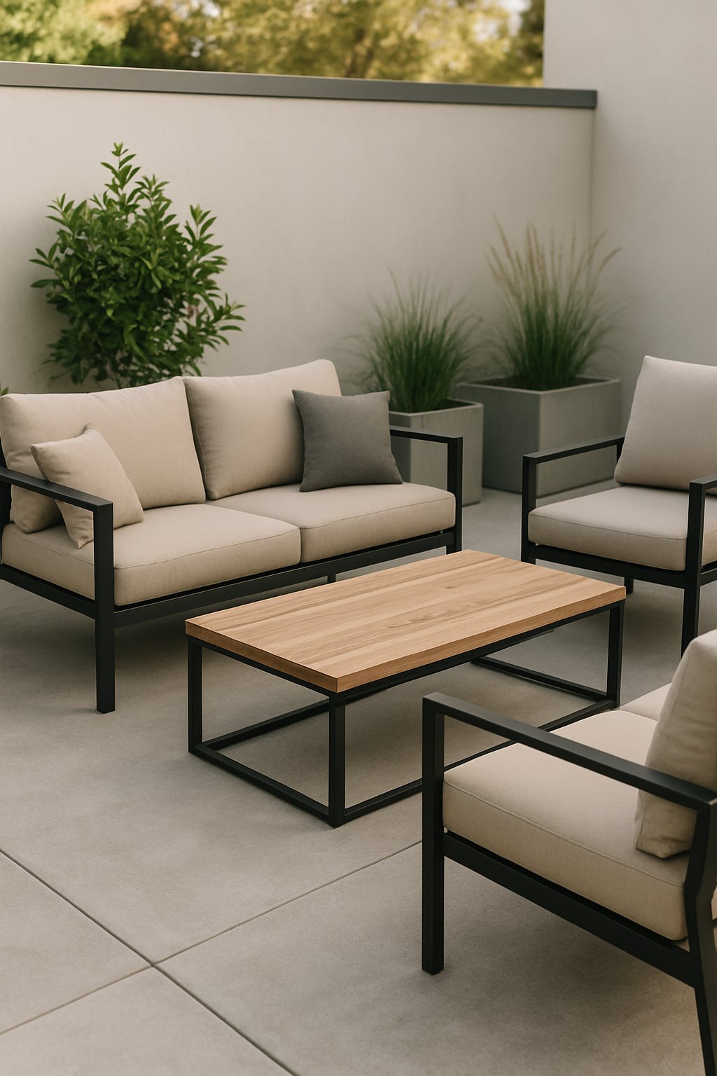 Outdoor seating area on a concrete patio with neutral-colored cushions and plants.