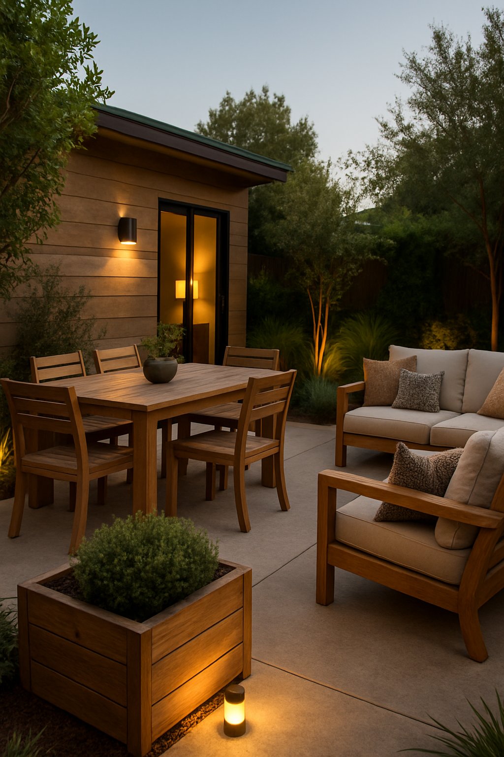 An outdoor patio with concrete flooring, wooden furniture, plants, and soft lighting under a clear sky.