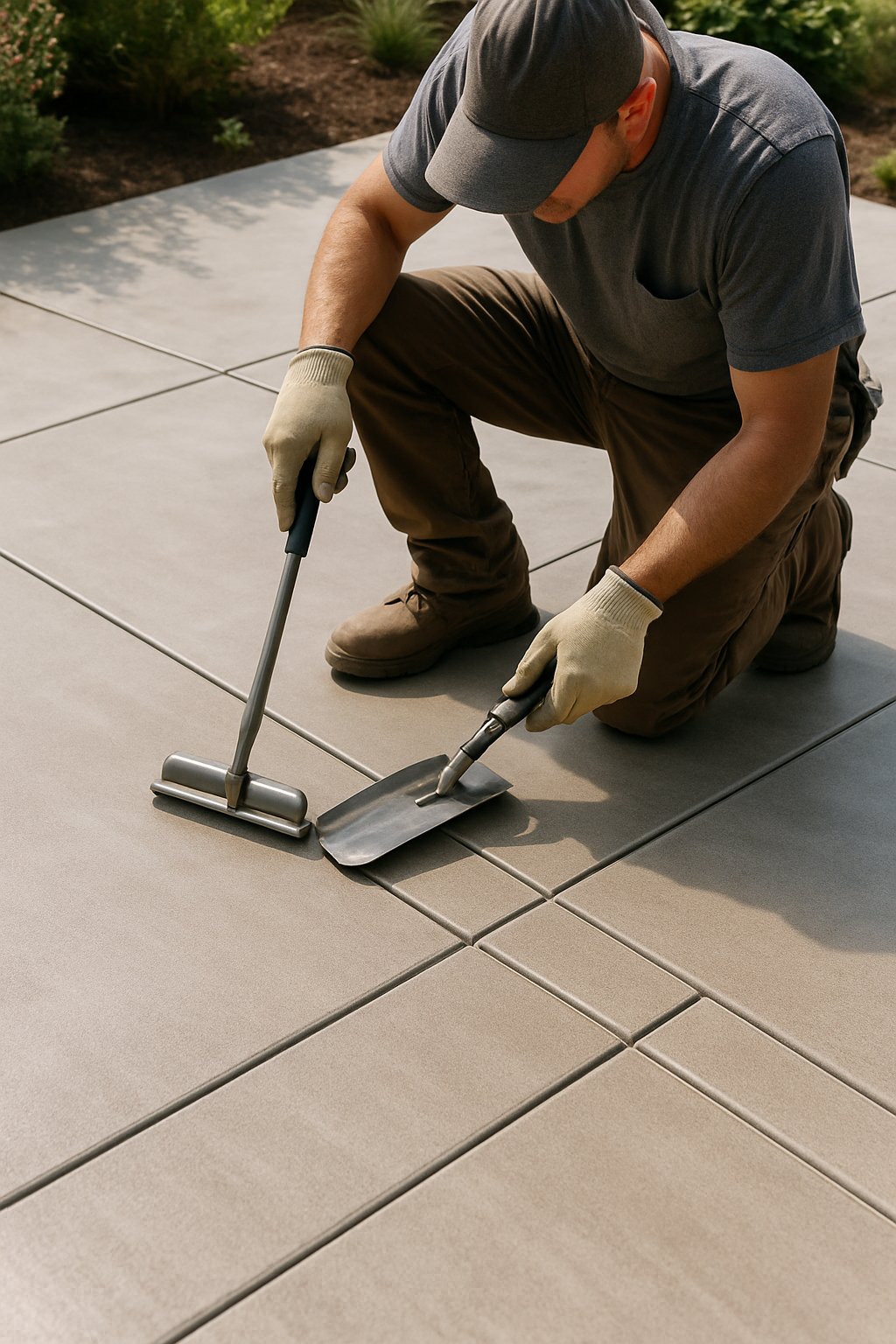 A worker installing crack control joints on a concrete patio outdoors with greenery in the background.