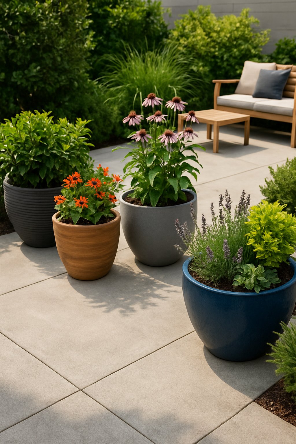 Outdoor concrete patio with large planters filled with green plants and flowers placed along the edges, creating a soft and inviting atmosphere.