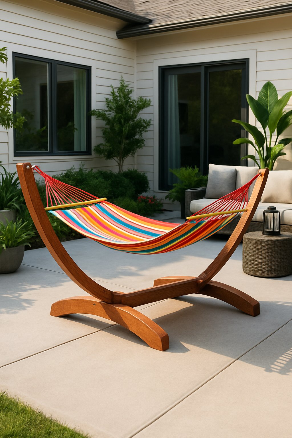 A wooden hammock stand with a colorful hammock on a concrete patio surrounded by plants and outdoor furniture.