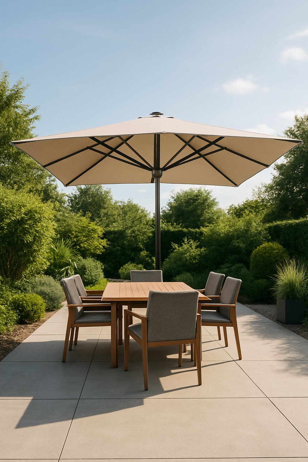 Outdoor concrete patio with a large Jumbrella shading a wooden dining table and chairs, surrounded by green plants.