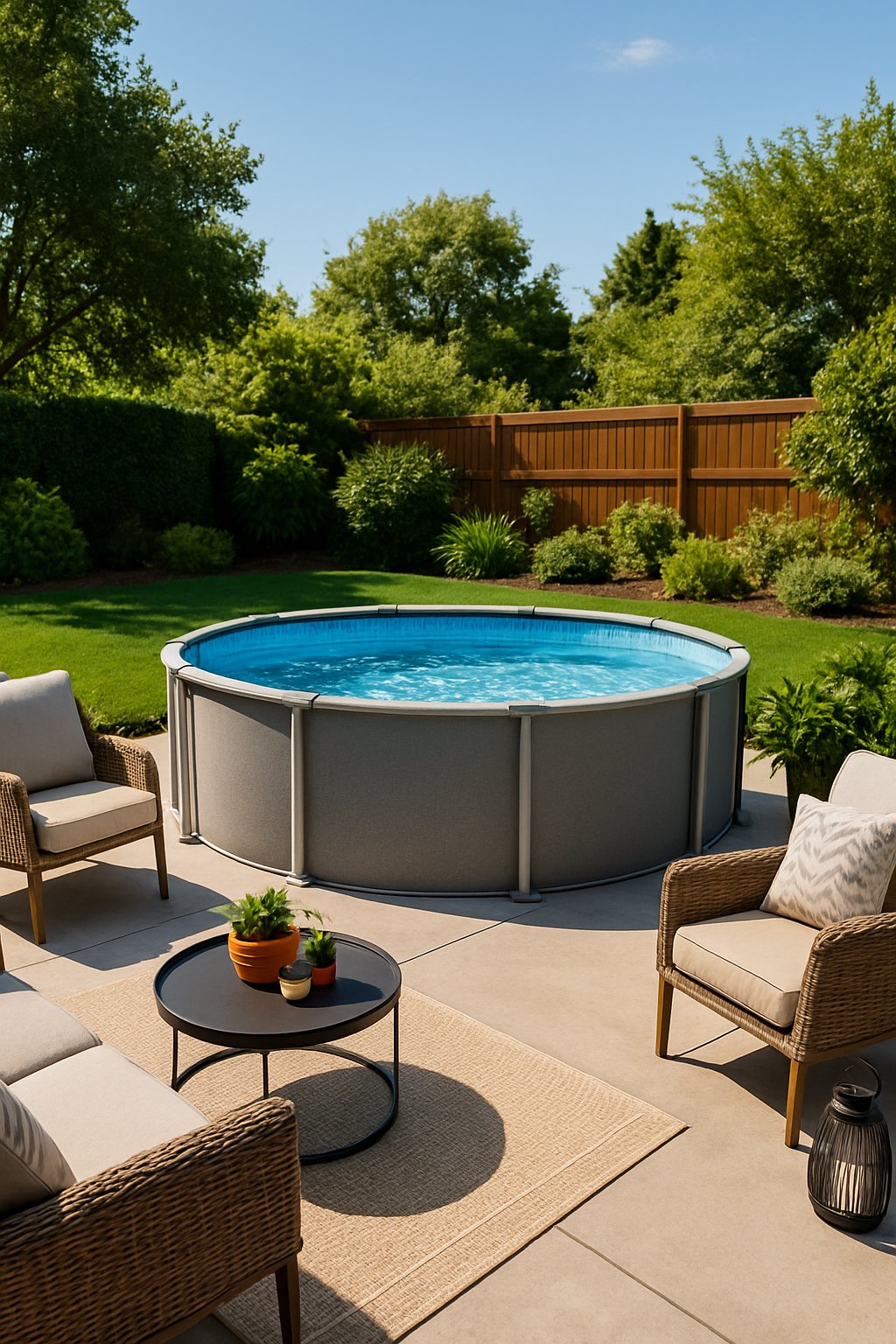 A backyard with a portable above-ground pool on a concrete patio surrounded by outdoor furniture and greenery.