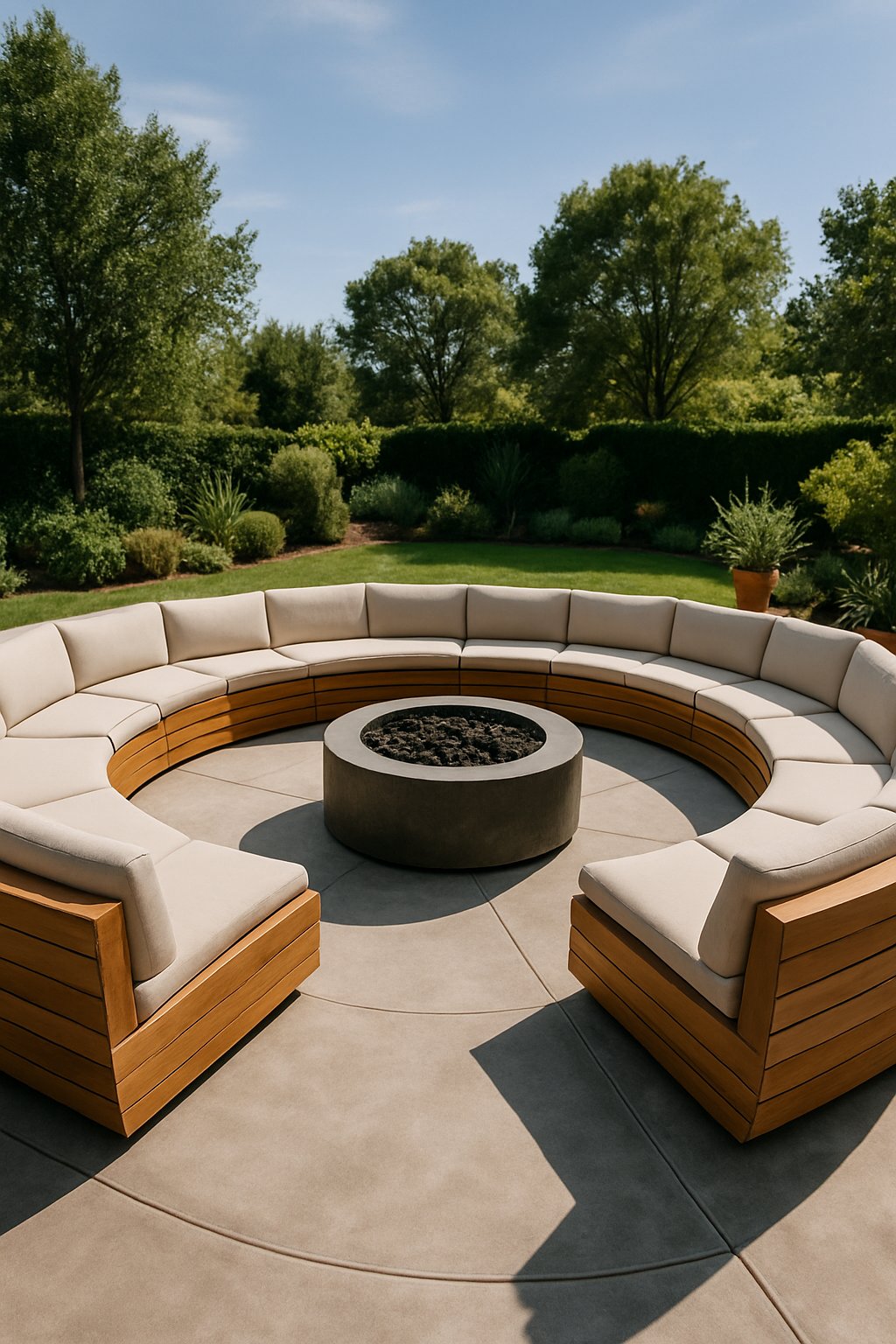 An outdoor conversation pit with wooden benches arranged in a circle around a fire pit on a concrete patio surrounded by plants.