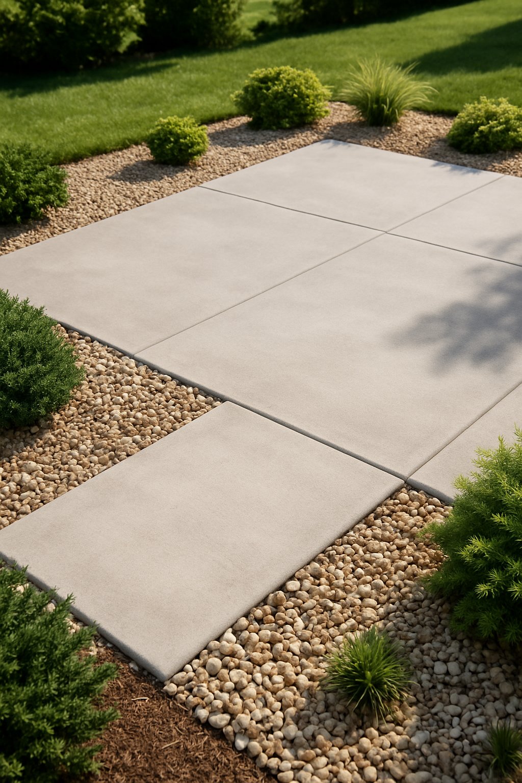 Outdoor concrete patio with a decorative gravel border and surrounding plants.