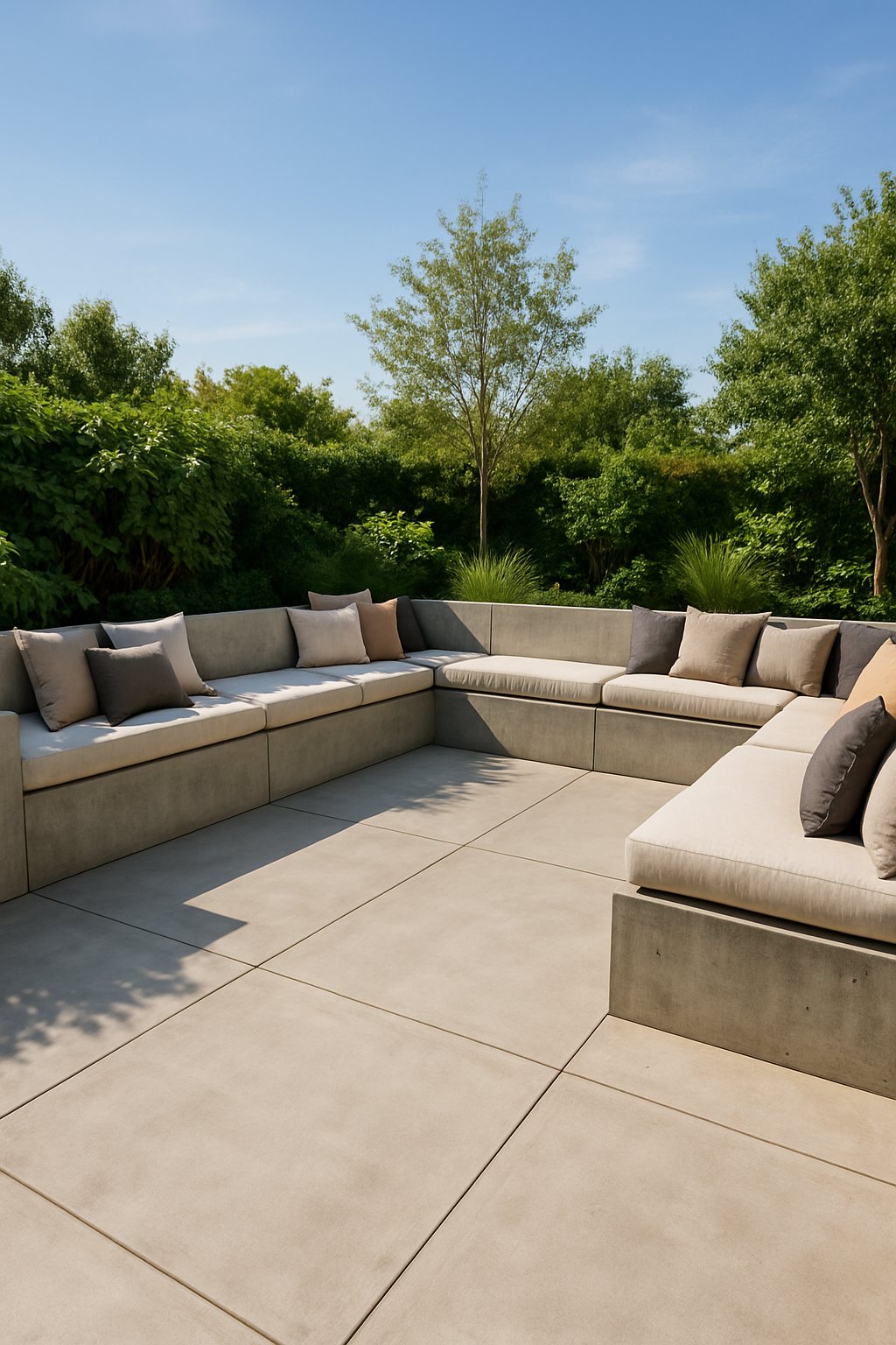 Outdoor concrete patio with built-in seating surrounded by plants and trees under a clear sky.