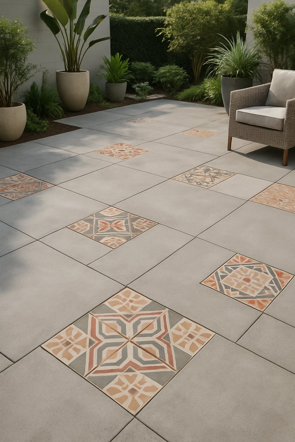 An outdoor patio featuring a combination of concrete slabs and decorative tile inlays surrounded by plants.
