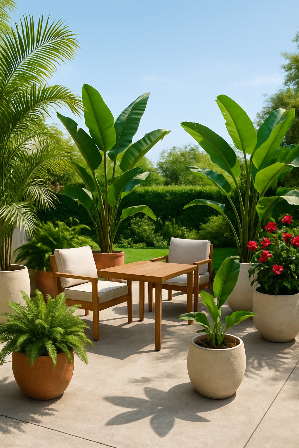 A concrete patio with large container plants and outdoor seating surrounded by greenery on a sunny day.