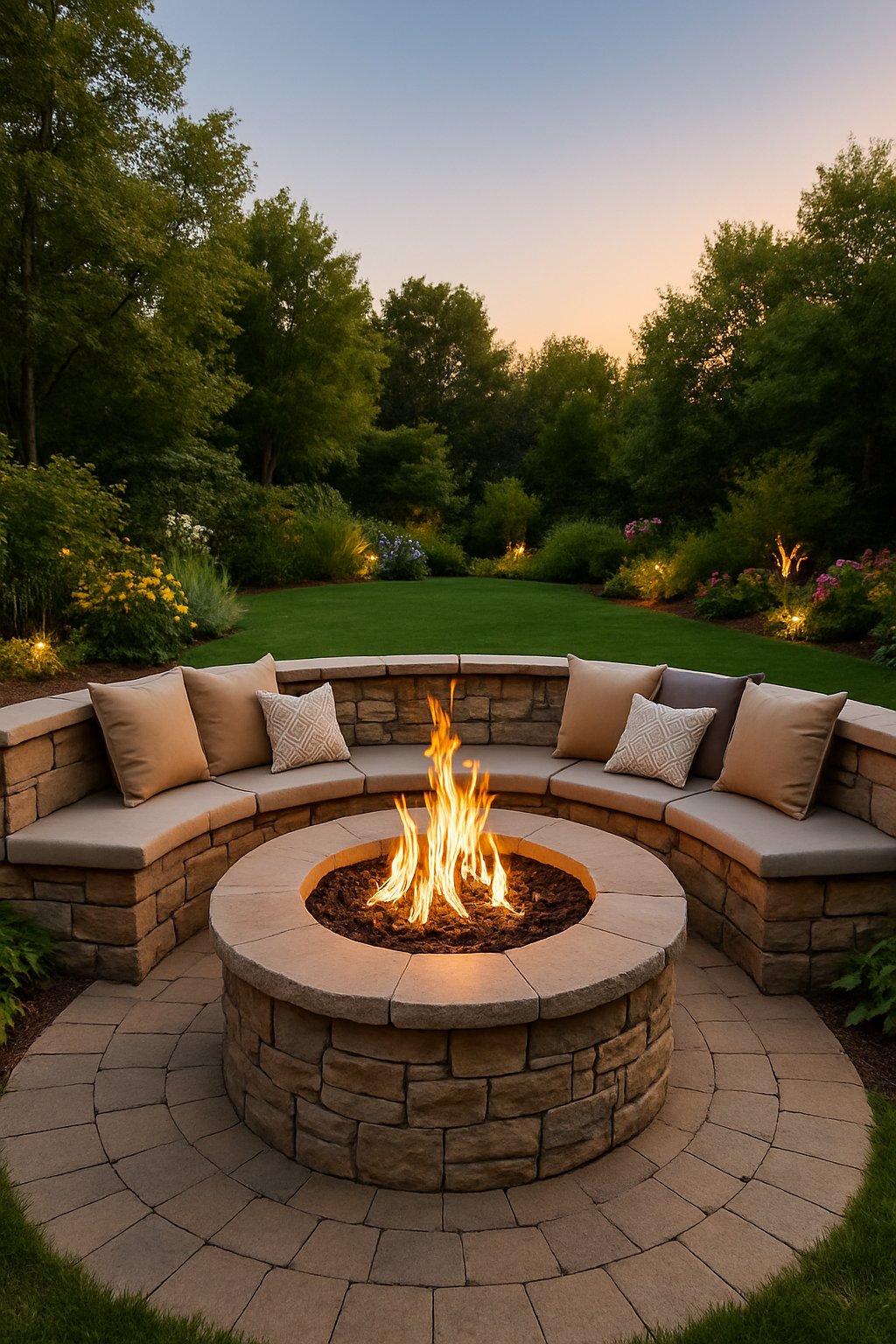 A backyard with a lit stone fire pit surrounded by a curved stone seating wall with cushions, set in a garden with plants and grass.