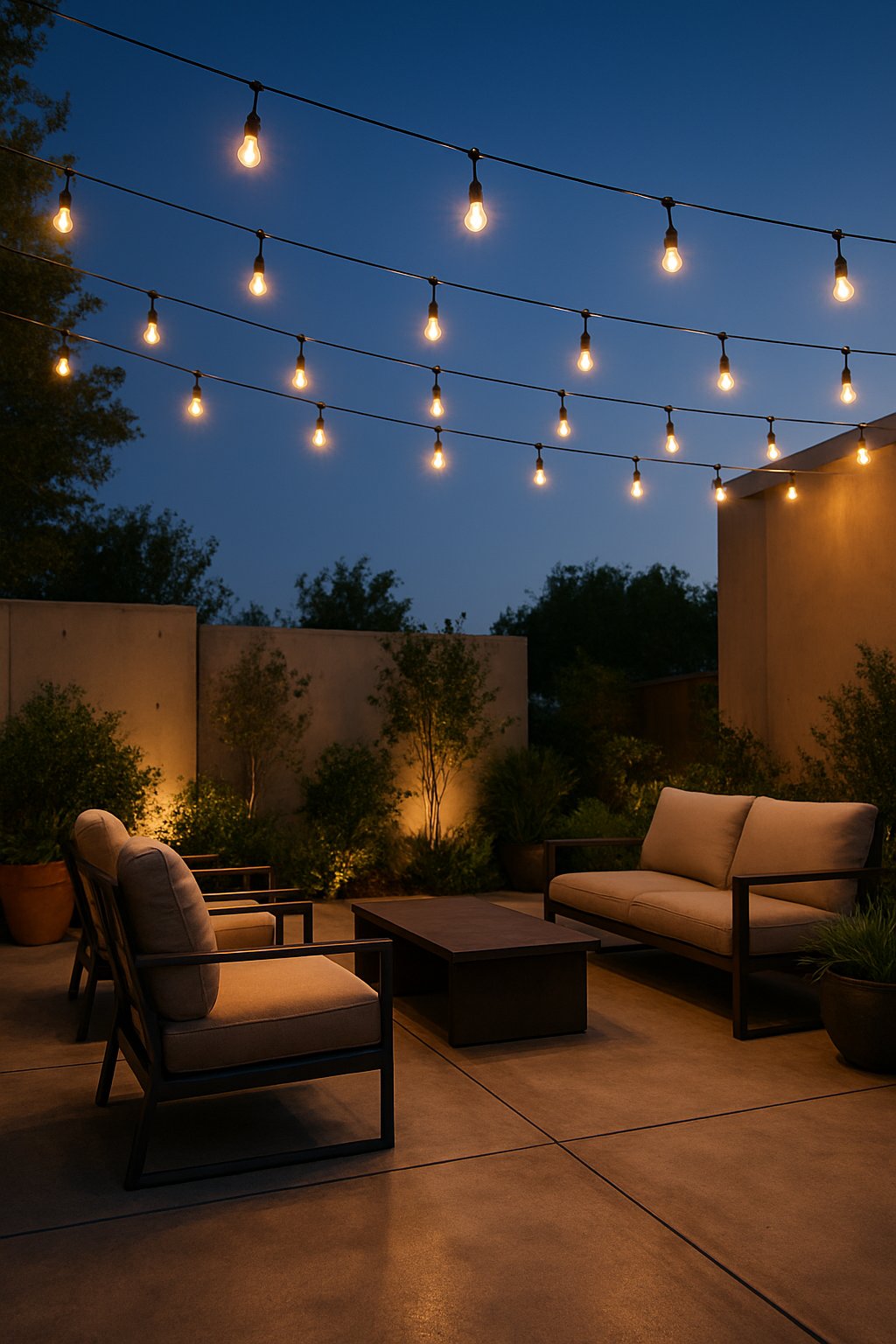 An outdoor concrete patio with string lights hanging overhead, furnished with chairs and plants under a twilight sky.