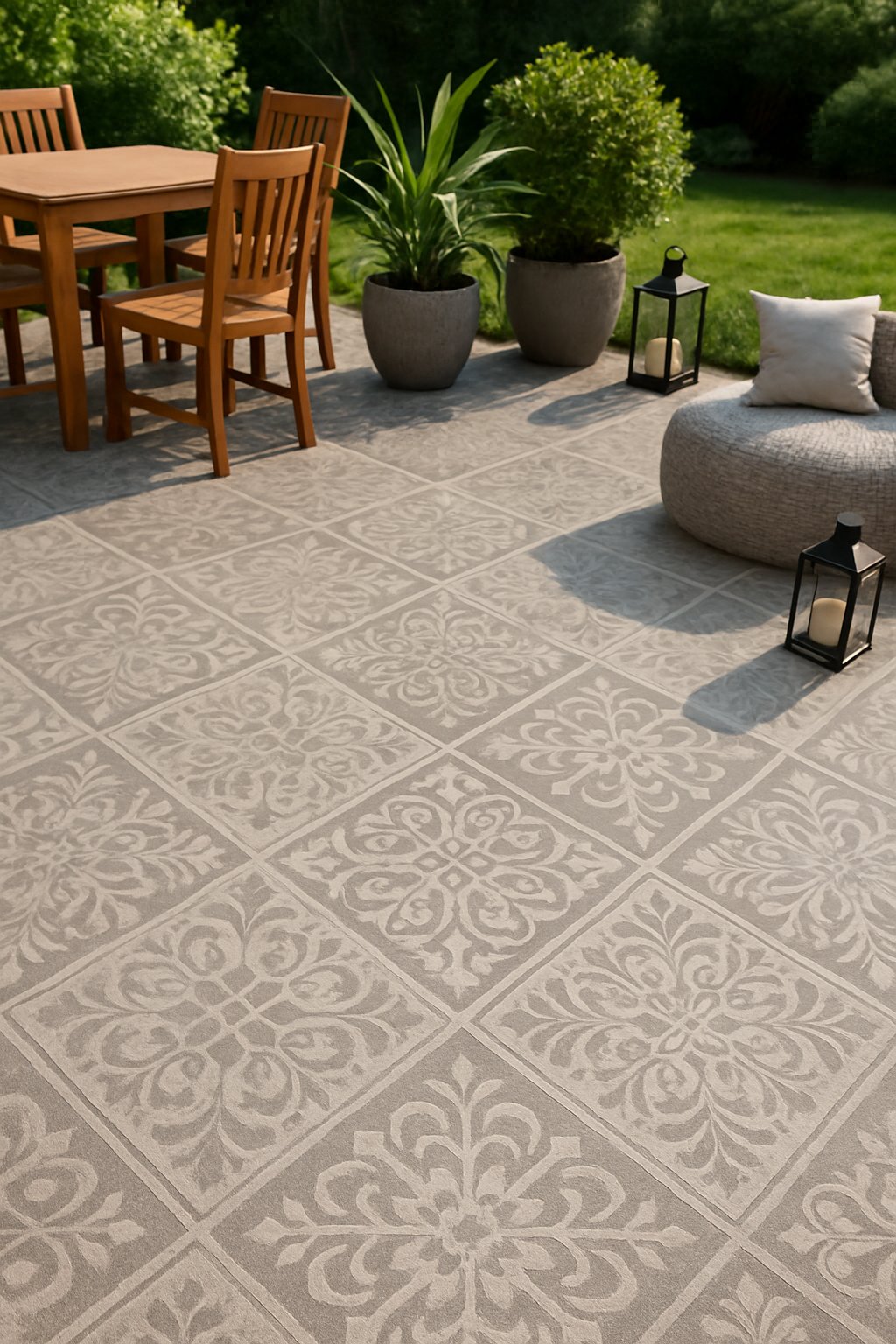 Concrete patio with various patterned stencil designs, outdoor furniture, and surrounding greenery.