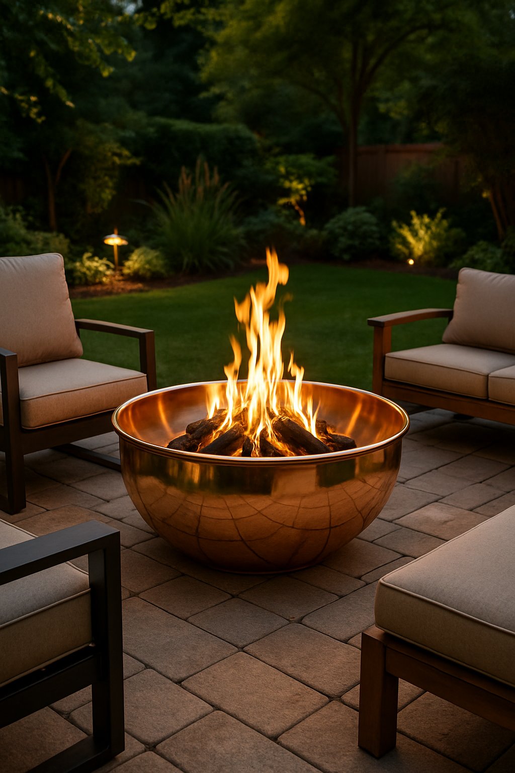 A backyard with a shiny copper bowl fire pit surrounded by outdoor seating and greenery, with flames burning inside the fire pit.