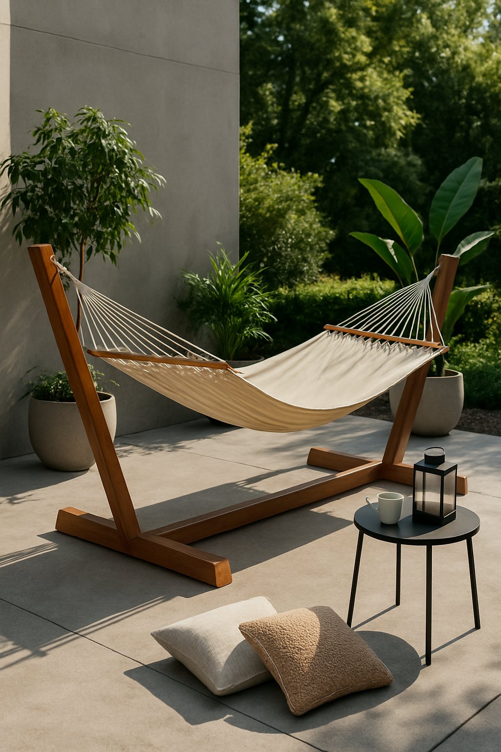 A hammock set up on a concrete patio surrounded by plants and outdoor furniture.
