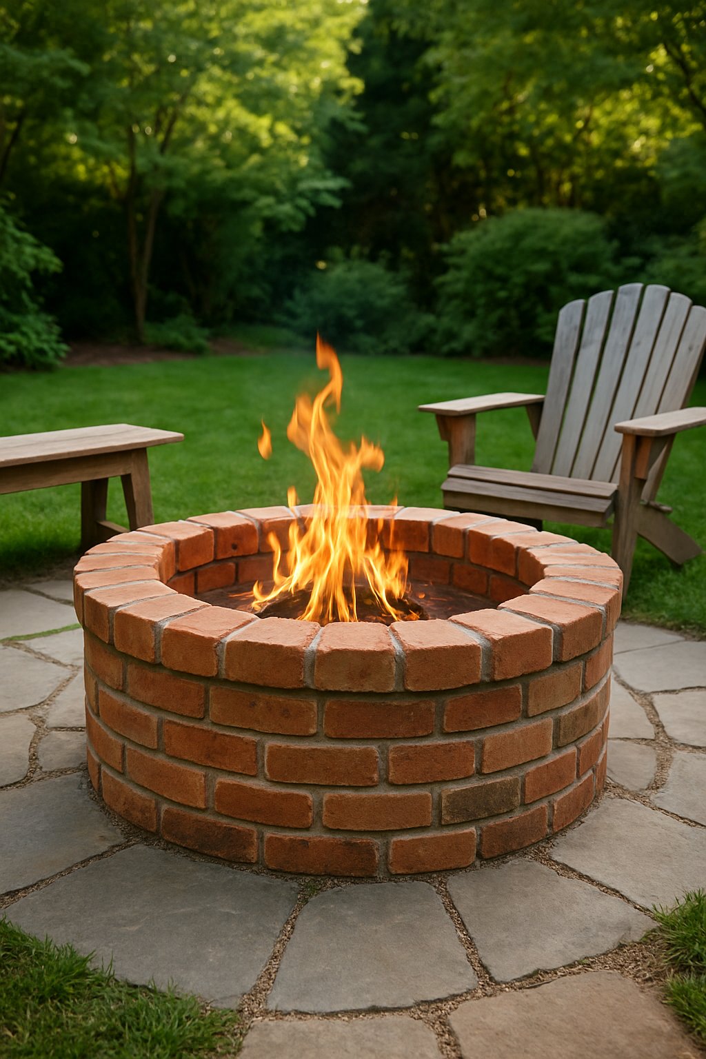 A backyard with a lit brick fire pit surrounded by seating and greenery.