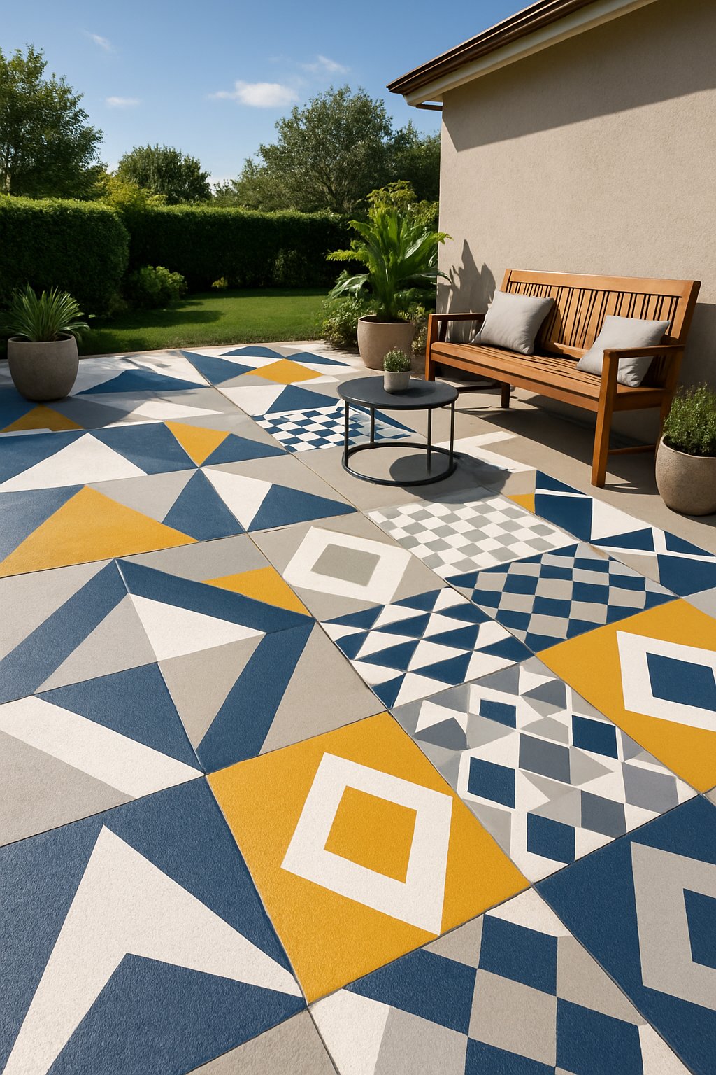 Outdoor concrete patio with various colorful geometric painted patterns, surrounded by plants and outdoor furniture.
