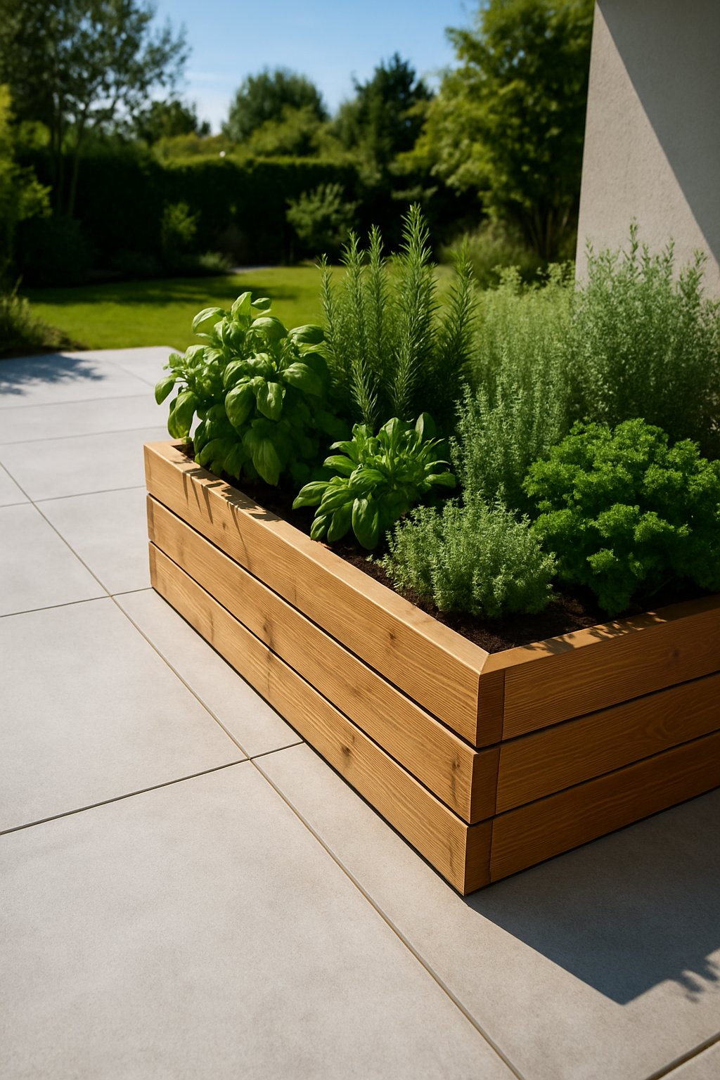 A concrete patio with a small raised herb garden containing various green herbs in wooden planters under natural sunlight.