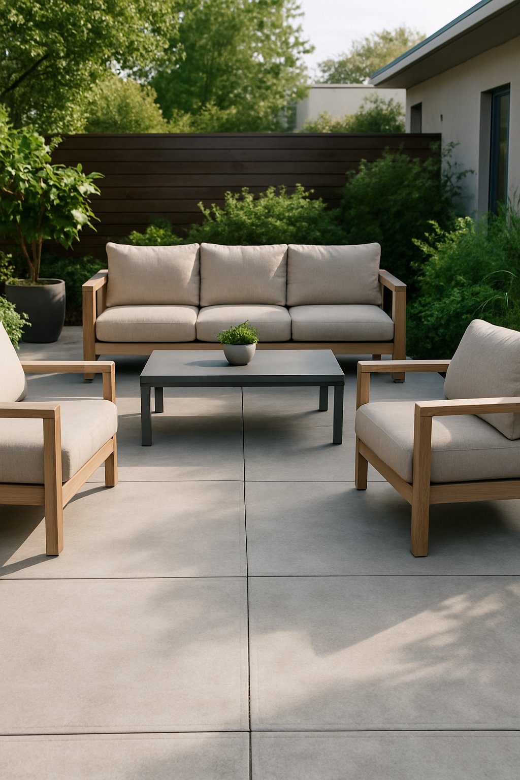 Outdoor concrete patio with comfortable cushioned lounge chairs and a coffee table surrounded by plants.