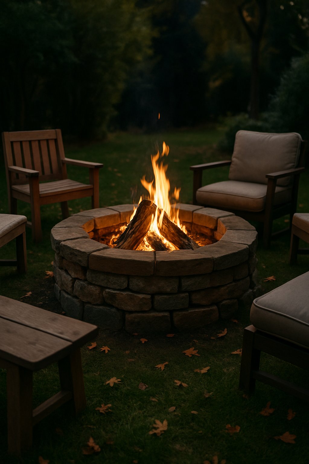 A rustic wood-burning fire pit glowing warmly in a backyard surrounded by wooden benches and trees during twilight.