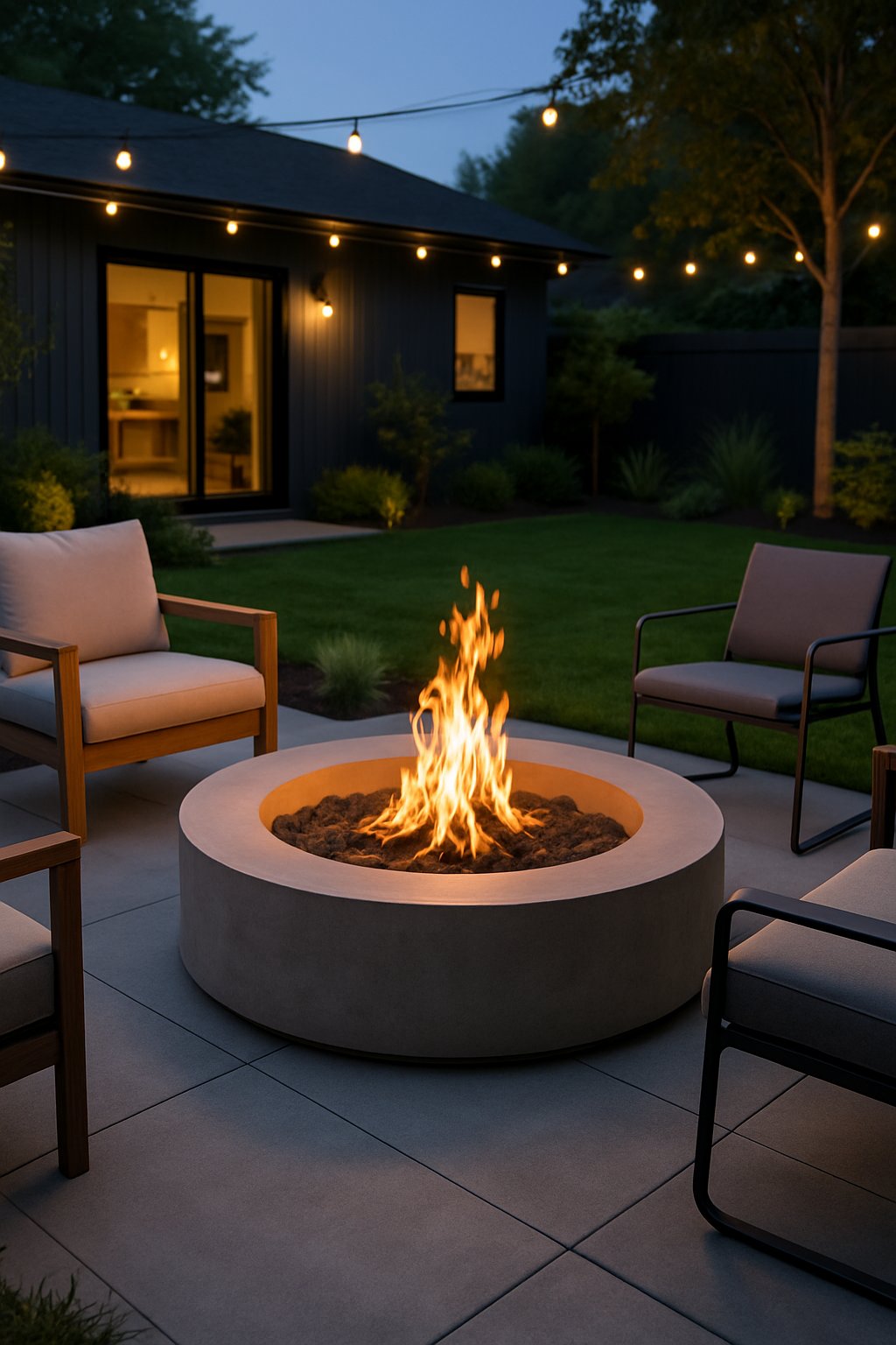 A backyard with a circular concrete fire pit lit with flames, surrounded by outdoor seating and greenery.