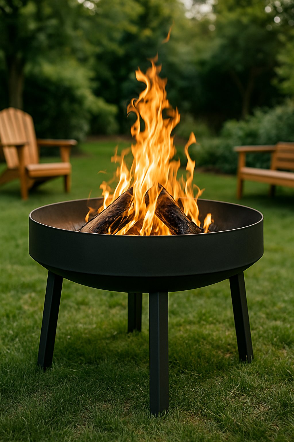 An elevated metal fire pit with flames burning, set in a backyard with grass and outdoor seating around it.