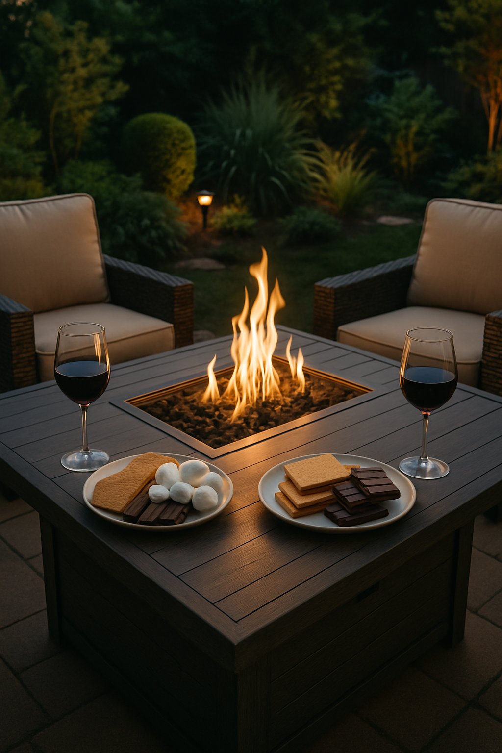A backyard fire pit table with flames, plates of s'mores ingredients, and glasses of red wine surrounded by outdoor seating.
