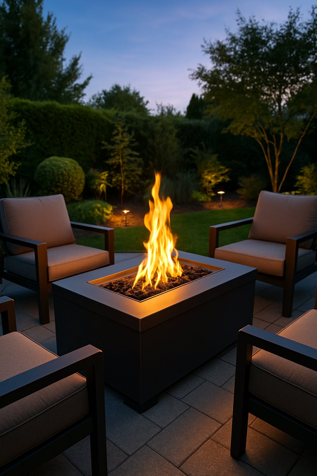 A gas-powered fire pit lit with flames in a backyard patio surrounded by outdoor chairs and greenery at dusk.