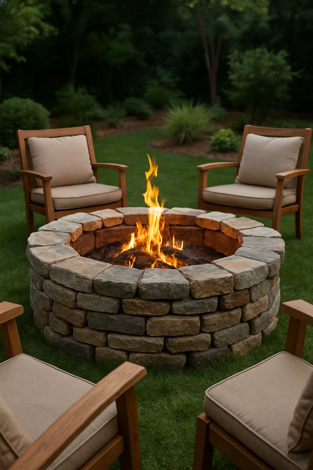 Outdoor backyard scene featuring a circular fire pit made of recycled stone with glowing embers, surrounded by wooden chairs and greenery.